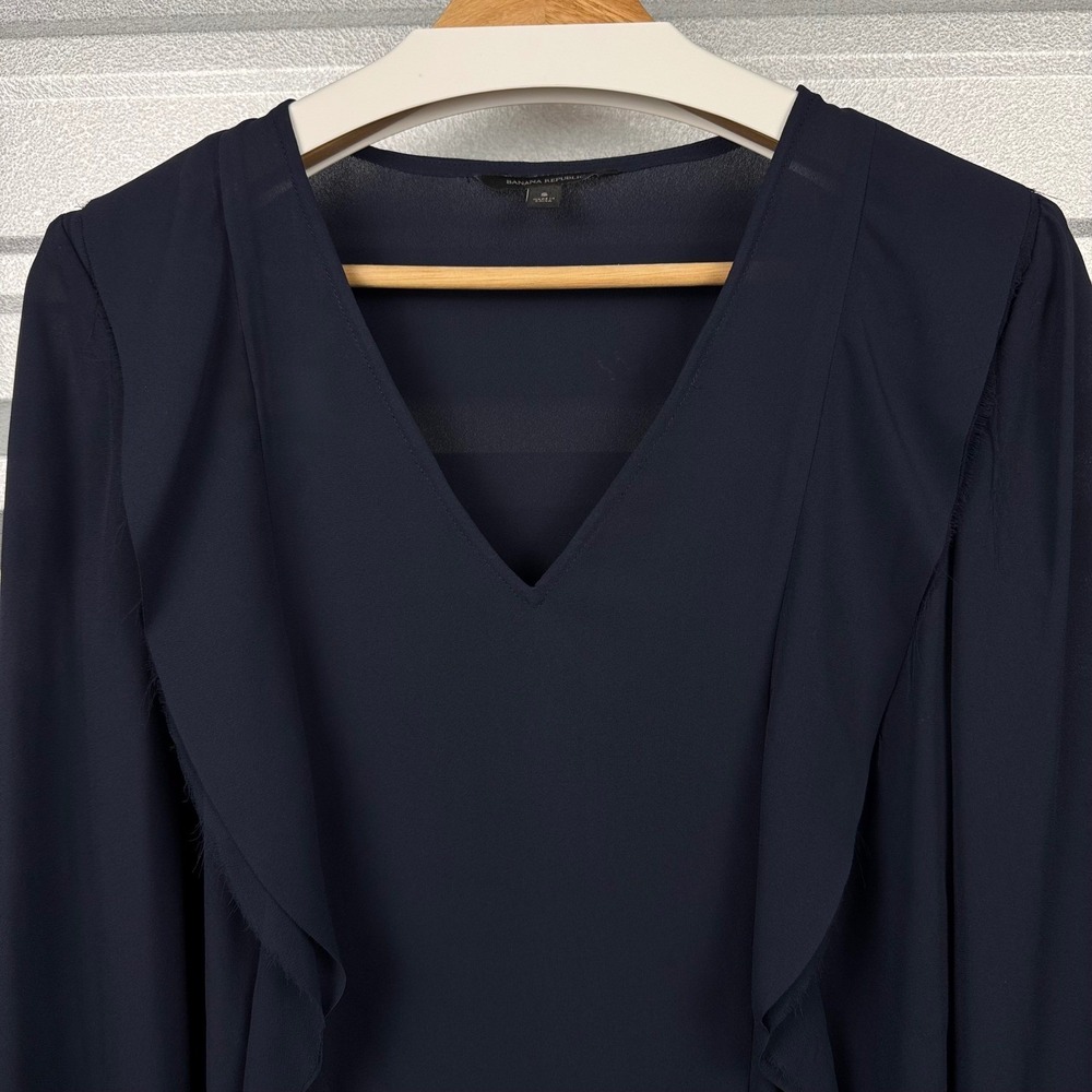 Banana Republic Navy Blue Chiffon Ruffle Front V-Neck Long Sleeve Blouse Size S - Picture 4 of 12